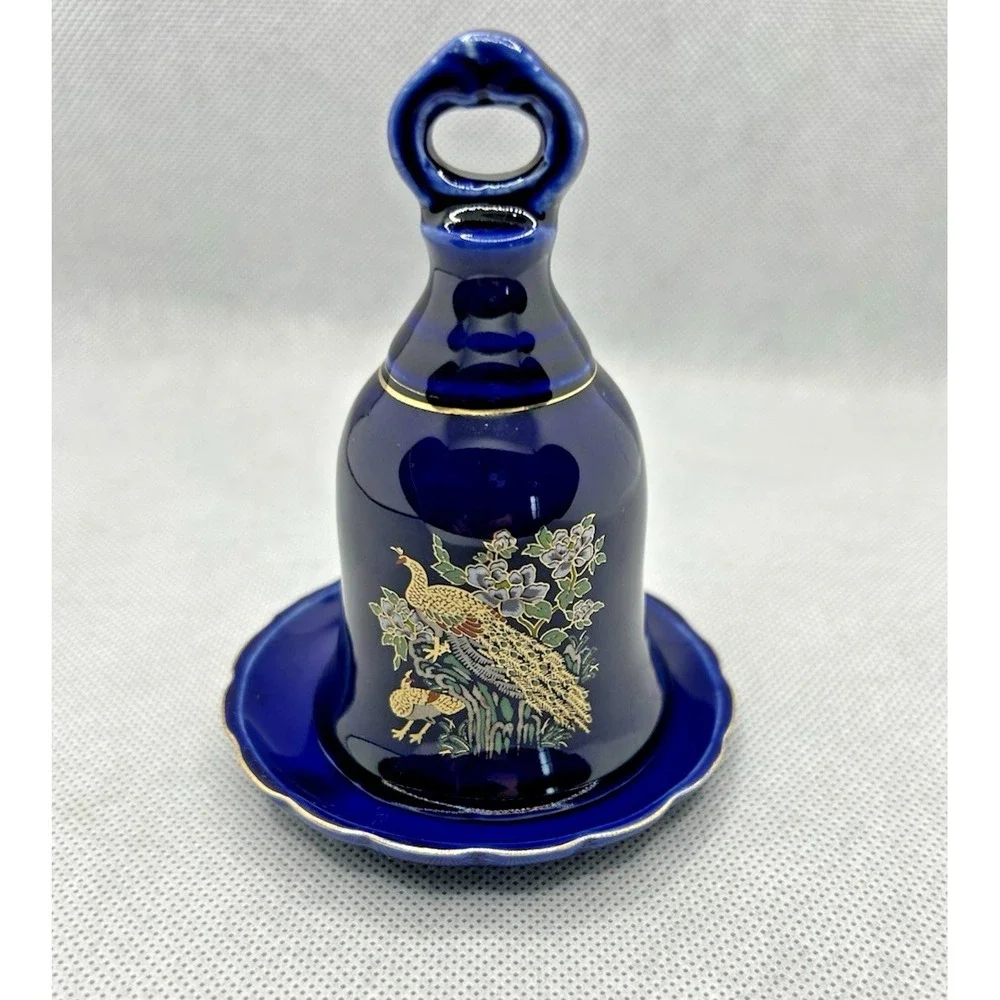Vintage Cobalt Blue Table Bell w/ Saucer‎ Gold Metallic Accents Peacock Venetian